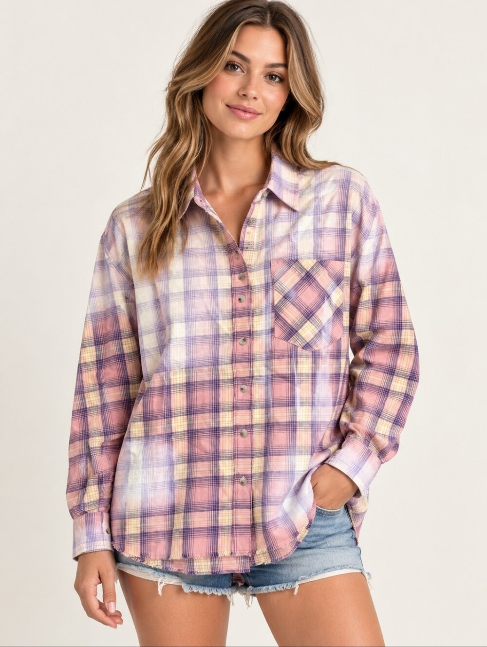 BiBi NWT Pink Purple Dip Bleached Plaid Button Down Cotton Shirt Medium Raw Hem